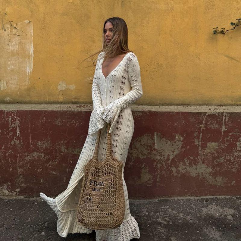 

2025 Европейская и американская трансграничная новая сексуальная вязаная пляжная юбка с вырезами на животе, повседневное платье-накидка для отдыха на морском побережье Light Beige L