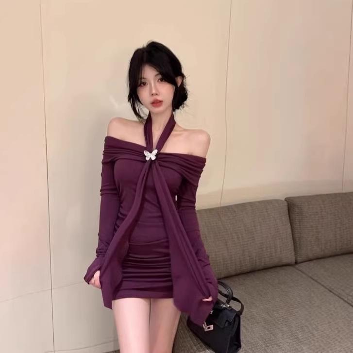 Halter Neck One-Shoulder Purple Bodycon Dress - Women s Sexy Autumn/Winter Long Sleeve Socialite Outfit M