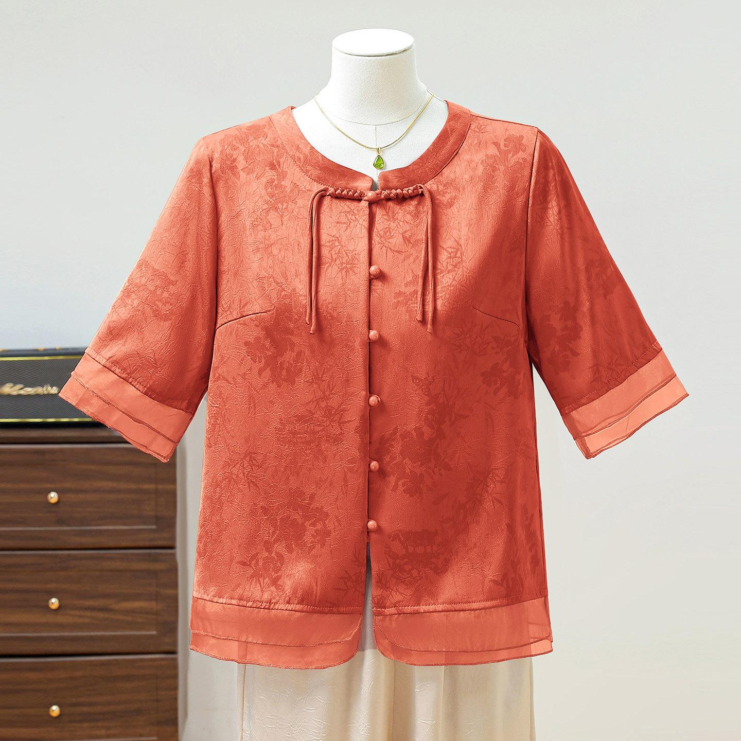 

Elegant Mid-Sleeve Chiffon Blouse for Moms: National Style Spring/Summer Top 4XL (135-150 jin)