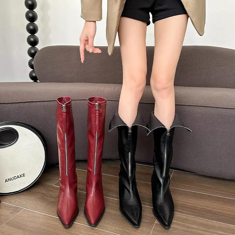 High Quality Pointed Toe Sexy Shoes for Women Side Zip High Heels Thin Heels Boots Thin Heels Boots Zapatos De Mujer