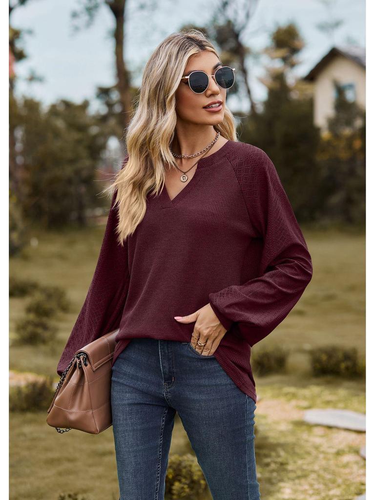2023 European & American Solid Color V-Neck Splicing Long-Sleeve Loose T-Shirt for Women