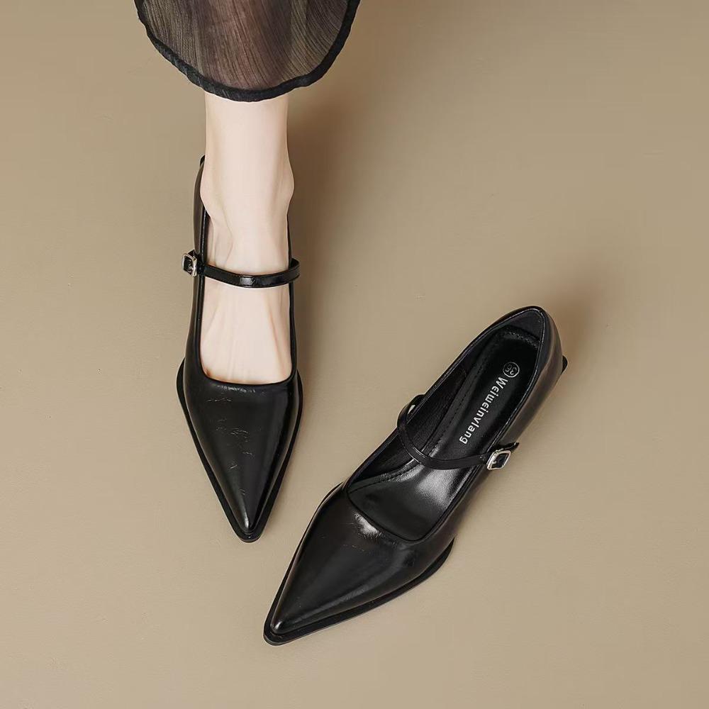 Fashion Pointed Retro Mary Jane Shoes Woman Soft Leather Word with Light Mouth Thick Heel Single Shoes Women's High Heel Women's Shoes