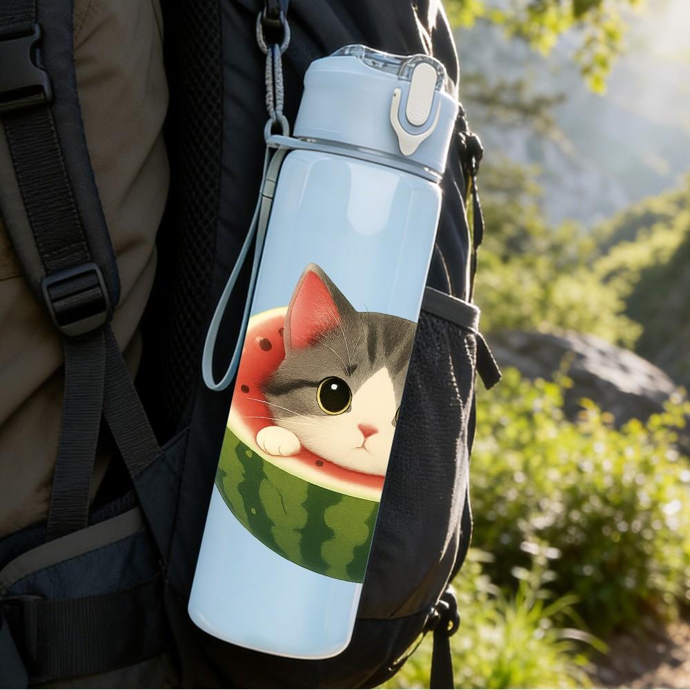 1PC Cat Inside Watermelon Fruit Pattern 750ml Color Plastic Sports Water Bottle Leakproof Flip Straw Lid Suitable for Sports Office Home Use