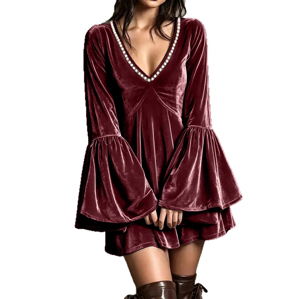 Women's Bohemian Bell Sleeve Velvet Dress with