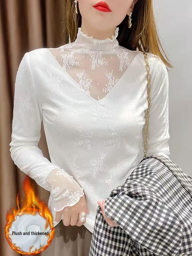 Trending Black Lace Base Layer Shirt - Autumn/Winter Plus Velvet Mesh Top for Layering with Sweaters
