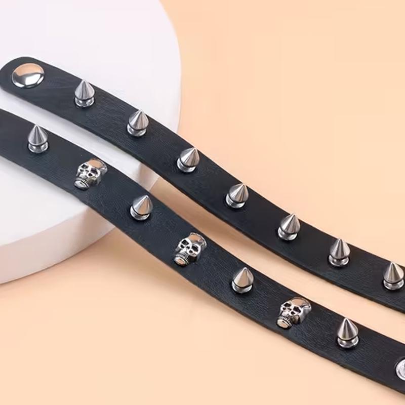 Punk Pu Leather Bracelet With Stud Buckle And Skull Bracelet, Creative Unisex Wrist Ring, Suitable For Daily Wear And Parties