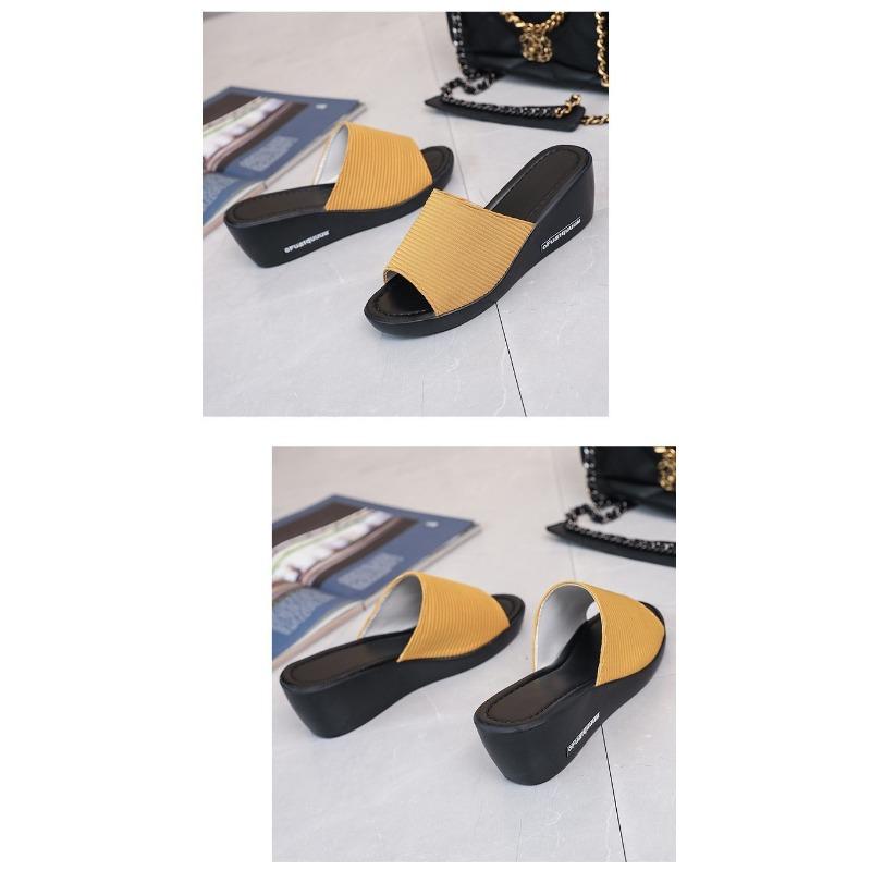 Women's Simple Wedge Sandals Summer New Breathable Casual Knitted Fabric Fish Mouth High-heeled Flip Slippers