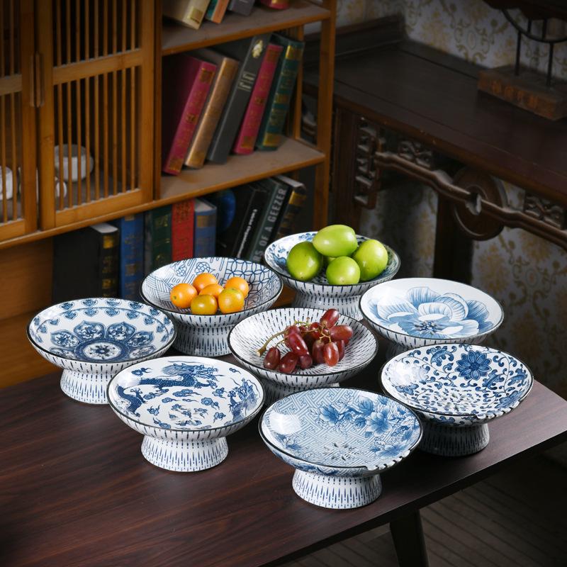 Blue & White Porcelain High-Footed Fruit Bowl for Tea Room or Coffee Table