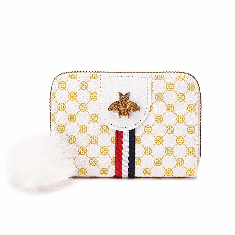 New Contrasting Color Women's Wallet, Fashionable Printed Bee Label Change Bag, Hairball Decorative Card Bag, One Piece.