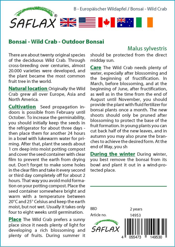 SAFLAX Garden In the Bag - Bonsai - Wild Crab - 30 Seeds - With Substrate In a Fitting Stand Up Bag - Malus Sylvestris
