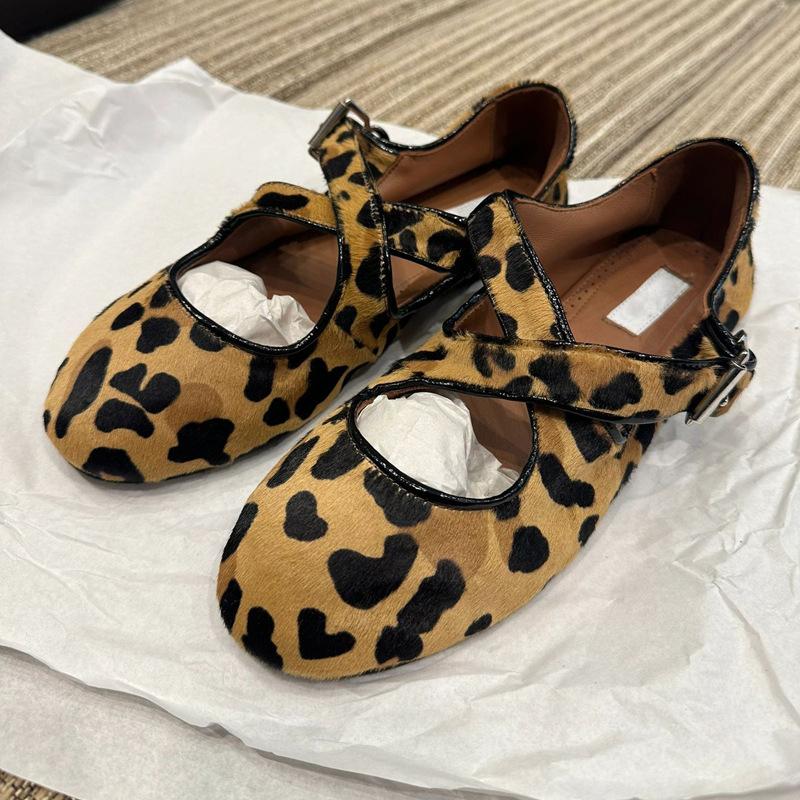 Sheepskin Version~ Niche Leather Leopard Print Cross Soft-sided Ballet Shoes Horse Hair Mary Jane Shoes Shallow Mouth Flat Shoes