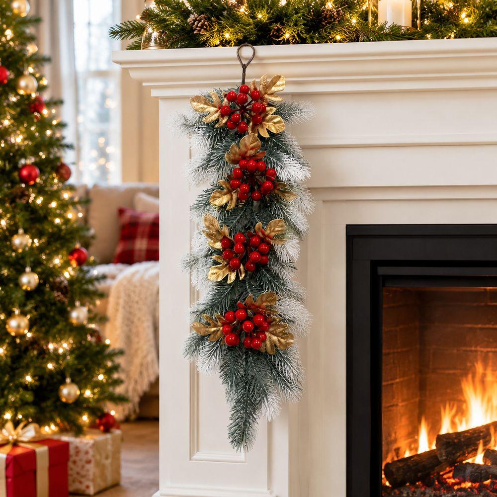 Red Berries Christmas Pine Garland Snow Flocked Red Berry Garland Fireplace Decoration