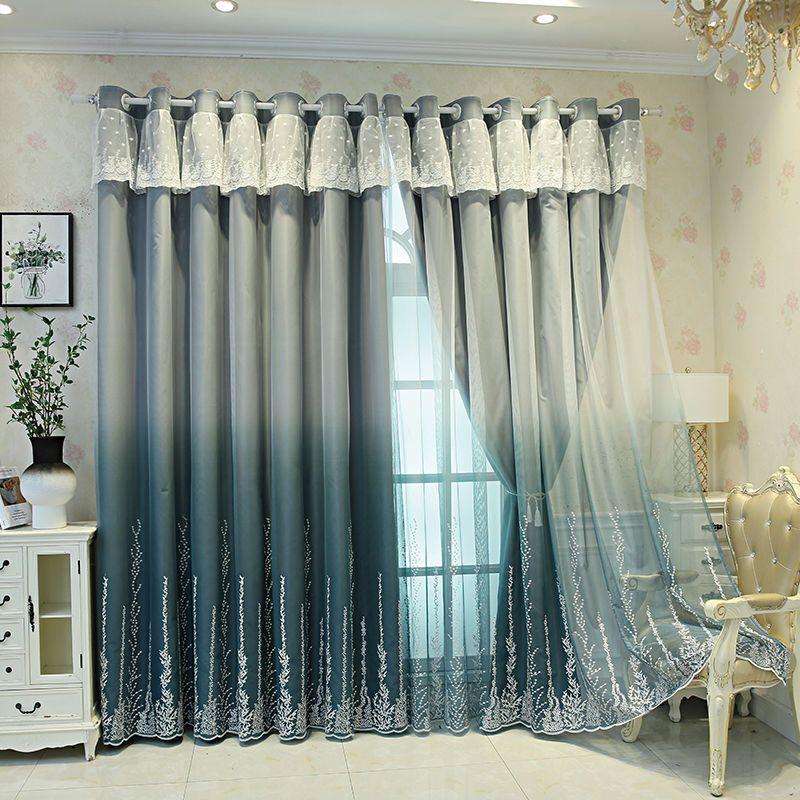 

Синие европейские комплекты штор с двойной вышивкой, прозрачные и тканевые плотные шторы для гостиной, спальни 2PC W150cm x L270cm