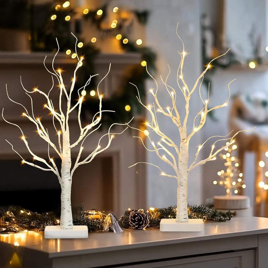 2 Pack Lighted Birch Tree, Battery-Powered LED Christmas Tree with Timer - Tabletop Decor for Home, Office, Bedroom, Wedding