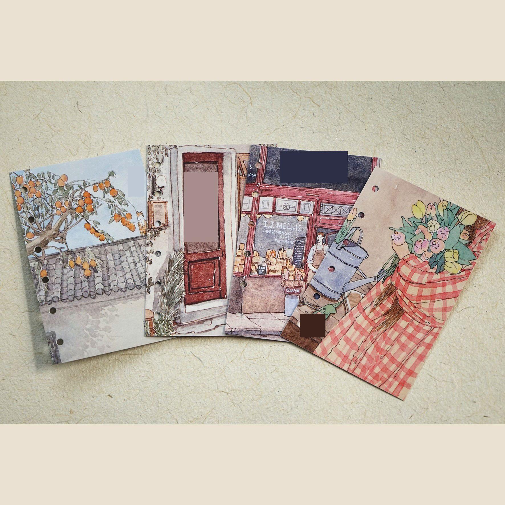 

4pcs Hand drawn watercolor illustrations, loose leaf pages, hand account notes