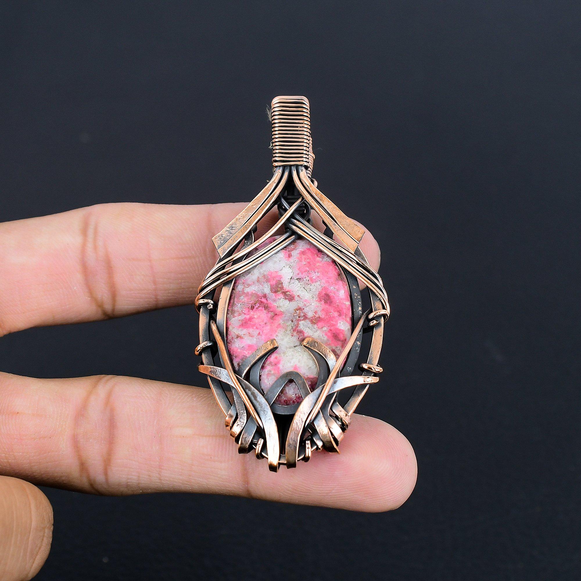 

Pink Thulite Gemstone Pendant 999 Copper Wire Wrapped Jewelry, Handmade Antique Pendant Jewelry, Gift For Mother 2.55 Inches