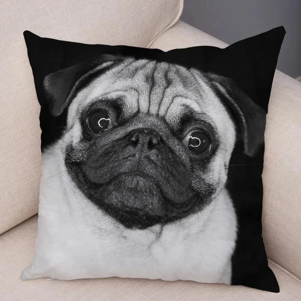 VIKAMA Nordic-Style Adorable Dog Cushion Cover Pug Print Cushion Cover Bedroom Living Room Sofa Decorative Cushion Cover