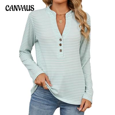 Frühlings- und Herbst Damenbluse V-Ausschnitt Knopf Streifen Locker Langarm Top