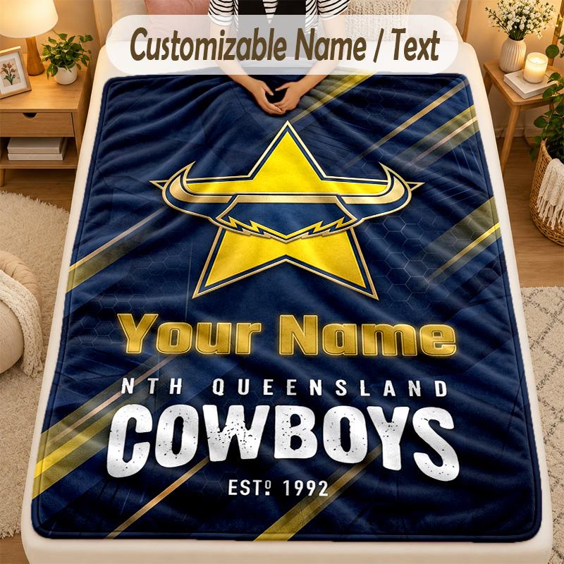 Flannel BlanketNorth Queensland Cowboys Custom Name Text Personalized Soft Warm Throw Blanket Home Decor Gift
