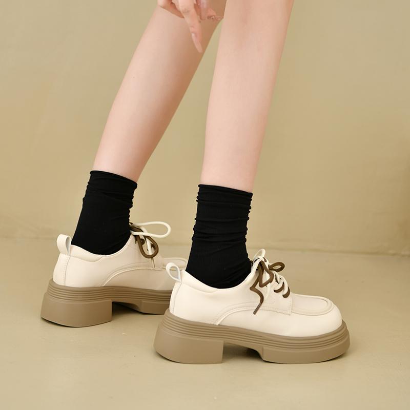 Spring New Women's Round Toe Thick Bottom Versatile Black Flats Uk Style Increase Heel Single Shoes Japanese Style