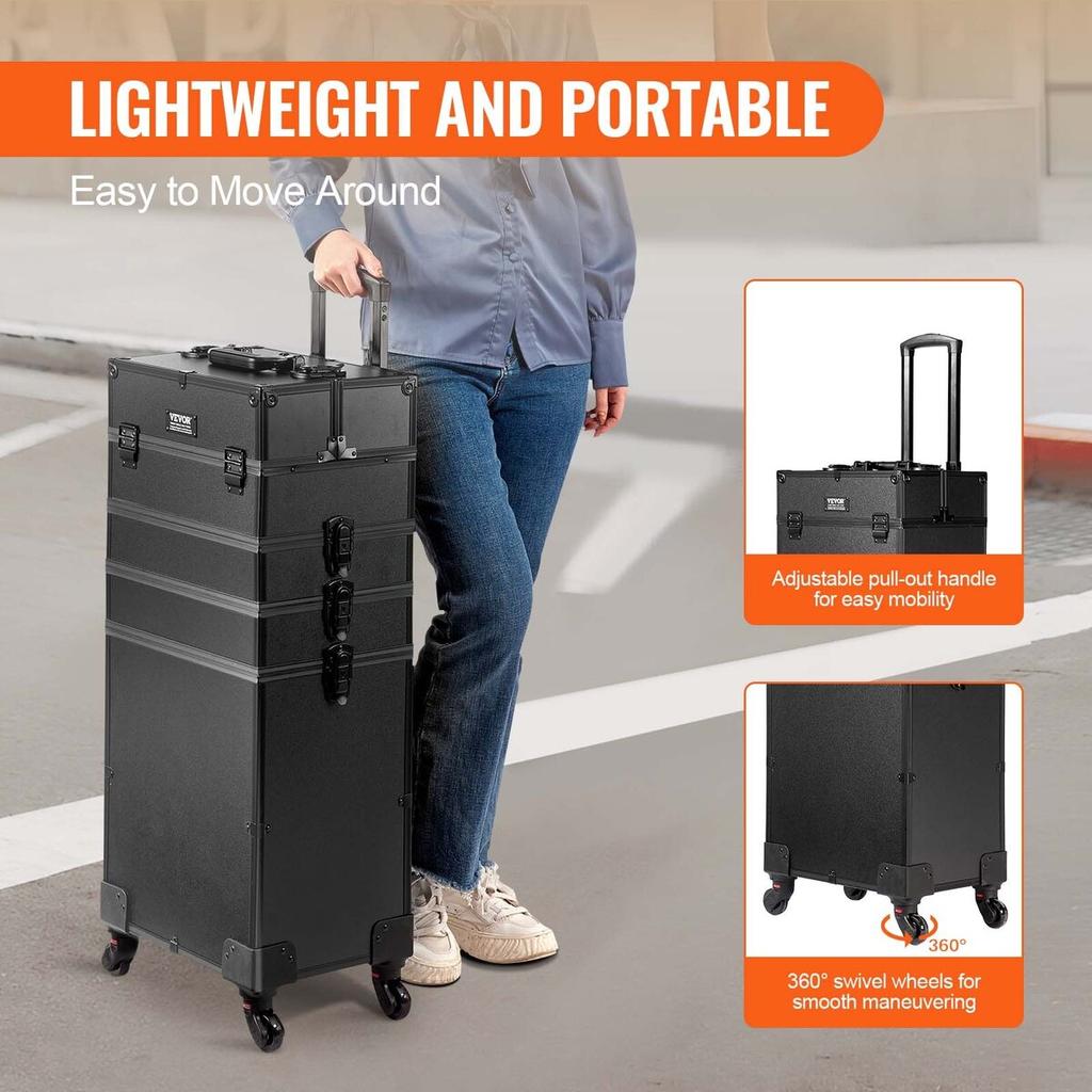5 In 1 Professional Makeup Train Case Aluminum Cosmetic Case, Rolling Makeup Case Extra Large Trolley Makeup Travel Organizer, with 360° Swivel Wheels
