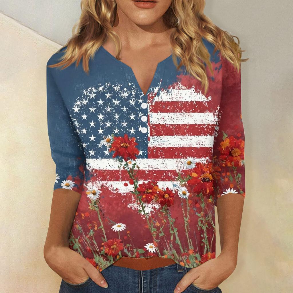 Women's T Shirt Independence Day Print Button 3/4 Sleeve Daily Weekend Fashion Basic V- Neck Regular Top