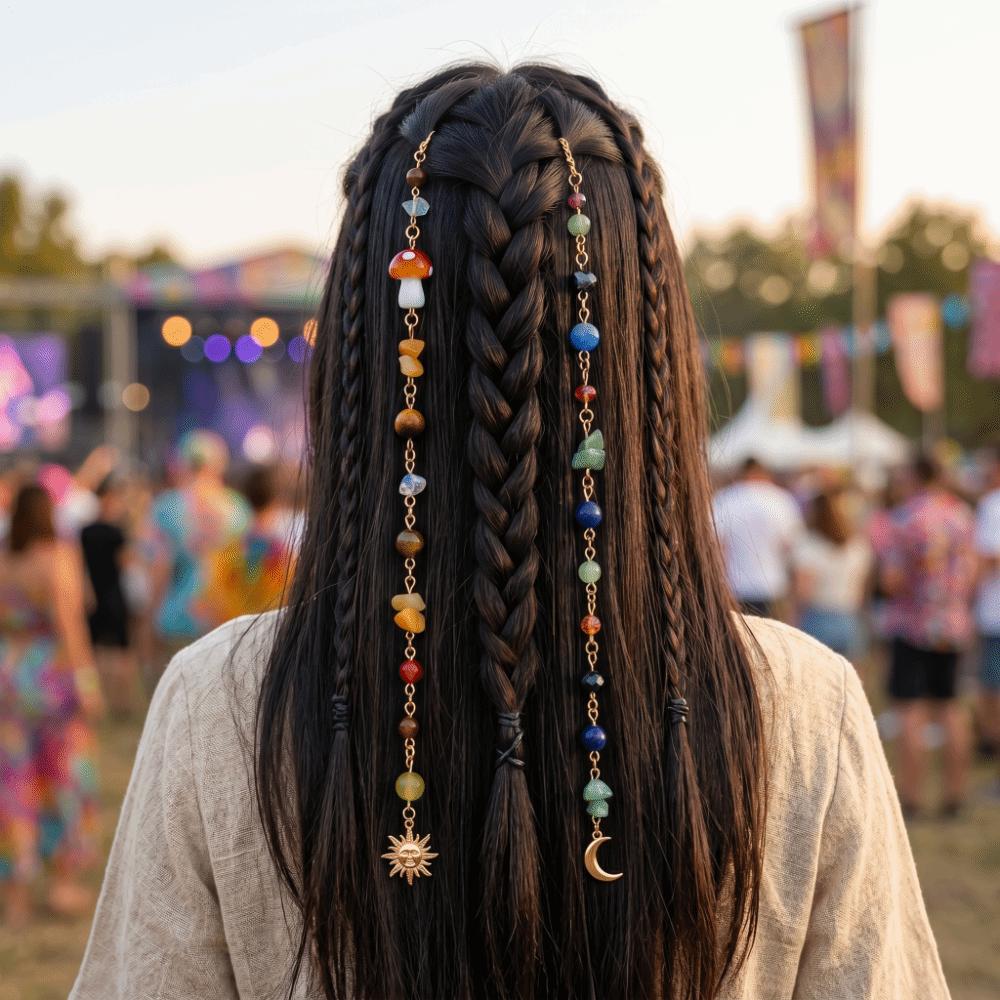 2Pcs Bohemian Long Tassel Chain Headdress Headwear Multicolored Stone Bead Hair Additions  Decor