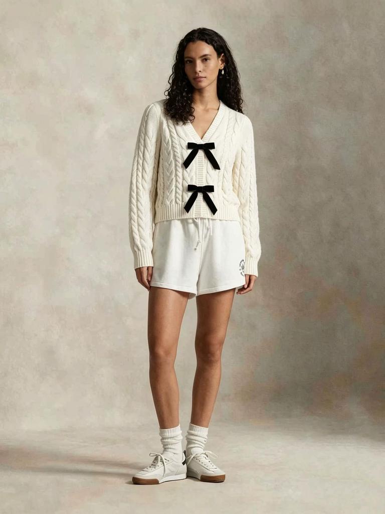 Yuehe 2026 Women's V-Neck Black Bow Knit Casual Loose Top