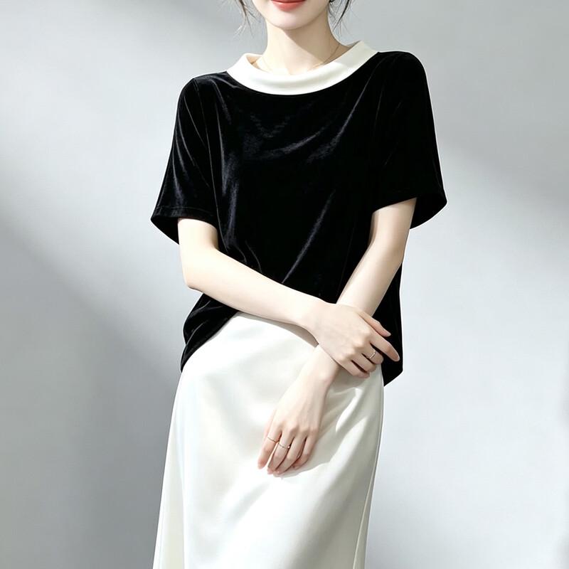 Women's Mulberry Silk Velvet Color-block Short Sleeve T-shirt