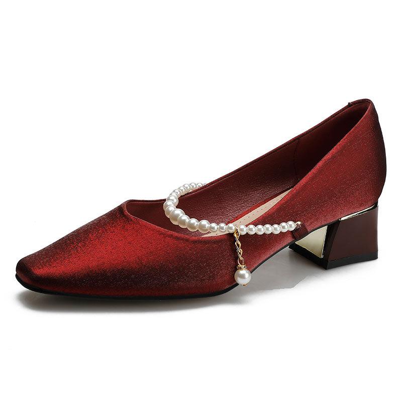 Medium Heel Single Shoes 2025 New Pearl One-word with Thick Heel High Heels Red Wedding Shoes Square Head Mary Jane Women's Shoes