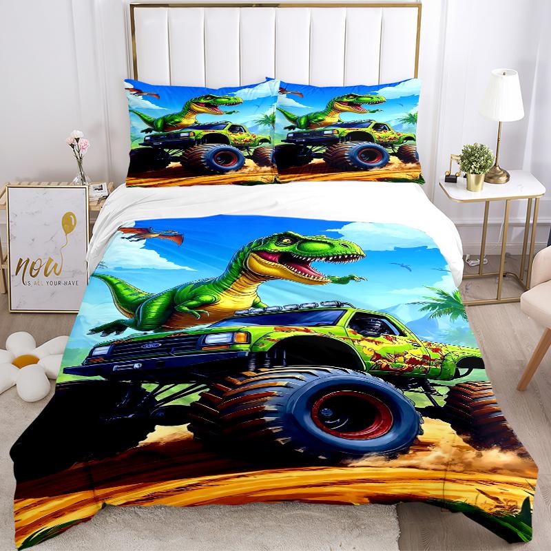 3pcs Dinosaur Monster Truck Home Bedding Set-Universal Three-Piece Suit for Bedroom, Guest Room, Living Room, Hotel-Perfect Holiday Gift for