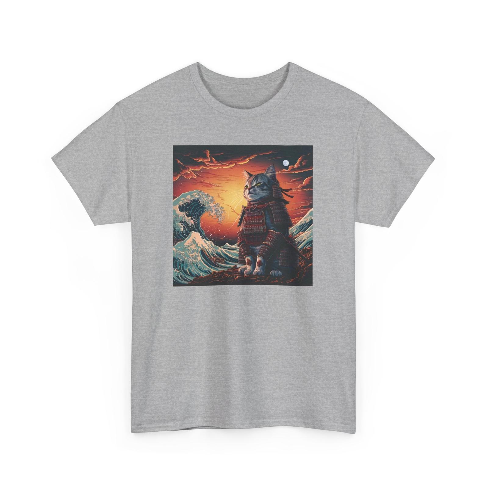 Retro Samurai Cat T-shirt - Novelty Hokusai Great Wave Japanese Graphic Tee S