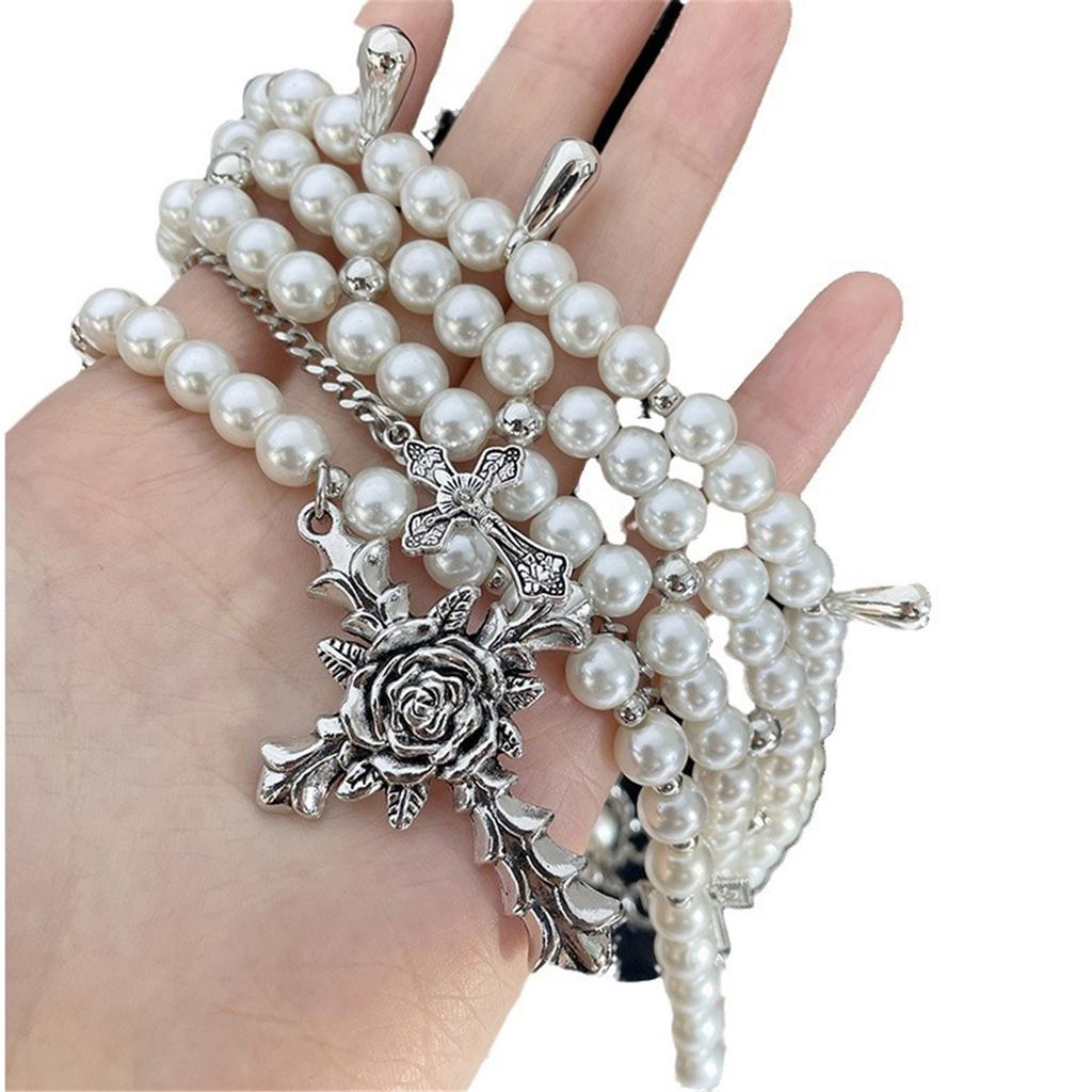 Elegant Silver Crosses Necklace Pendant with Stylish Pearls Accessory for Trendy Women Ladies Daily Use Casual Wear