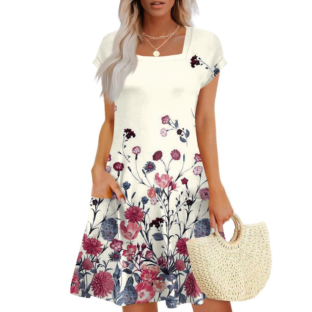 Summer Dresses For Women Loose Square Neck Cap Sleeve Casual Beach Vacation Tshirt Dress Sundresses With Pockets