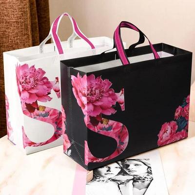 10PCS Rose Printing Packaging Shopping Bag Handle Waterproof Non Woven Fabric Gift Bags Black Clothing Store HandBag