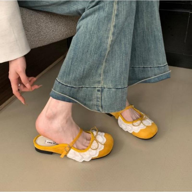 Spring Summer Women's Flat Slippers | Square Toe Closed-Toe French Gentle Lace Bow Fairy Mary Jane Ballet Shoes