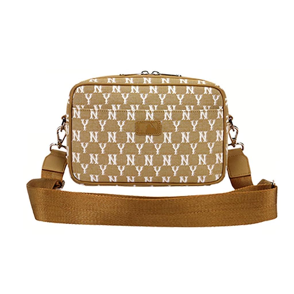 MLB Monogram Series NY New York Vintage All Over Print Fabric Shoulder Bag Women Shoulder Bag Khaki 32BGDC111-50B