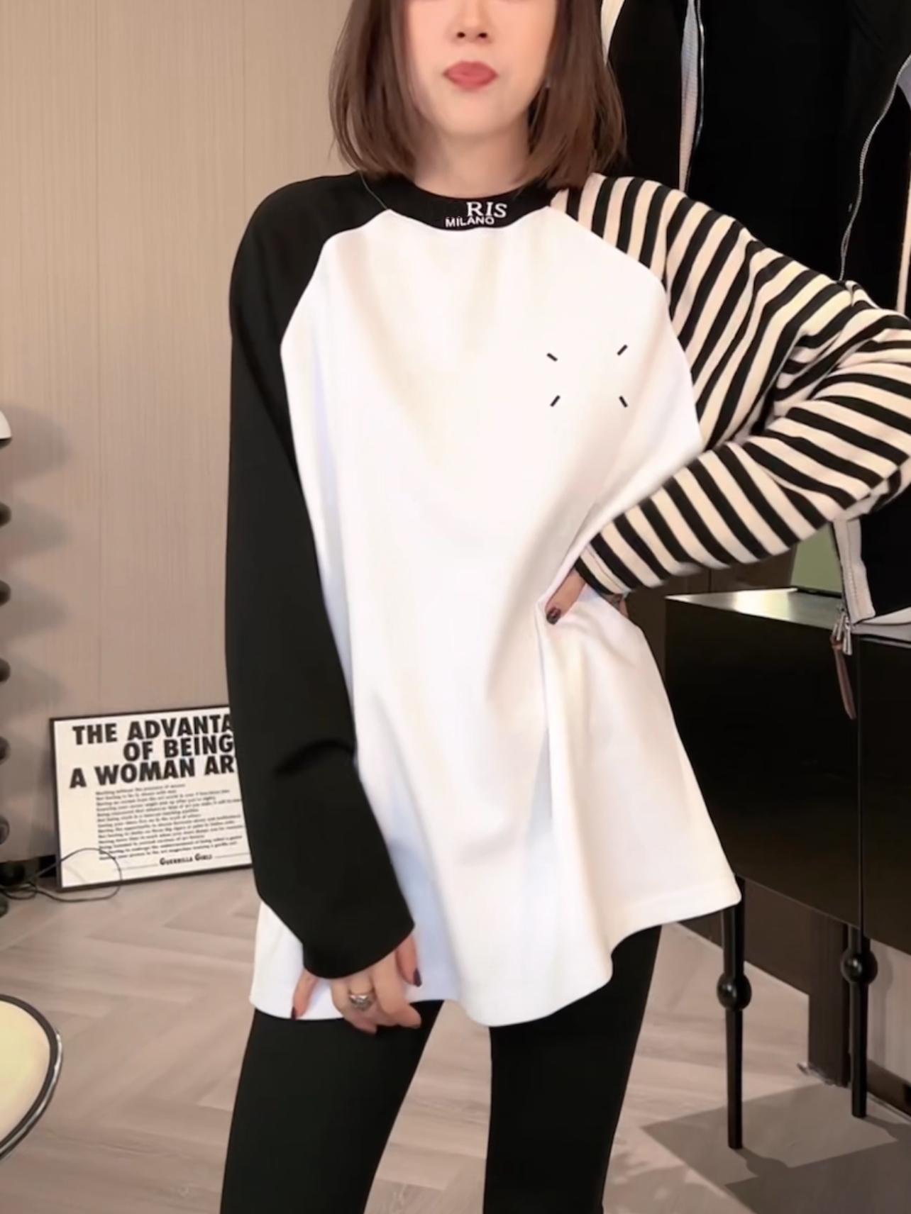 

2025 Early Spring Loose Fit Versatile Long Sleeve Round Neck Plus Size Raglan T-Shirt M for 80-110 lbs чёрный