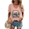 Believe Christmas Train Tops  Tees Vneck Short Sleeve Soft Tee Merry Christmas Tree Graphic T Shirts Women Xmas Gift Clothes