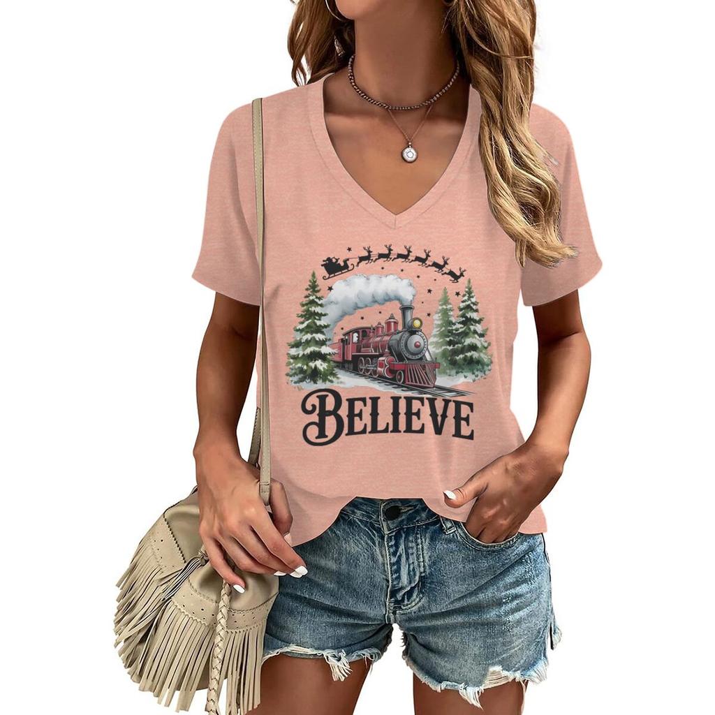 Believe Christmas Train Tops  Tees Vneck Short Sleeve Soft Tee Merry Christmas Tree Graphic T Shirts Women Xmas Gift Clothes