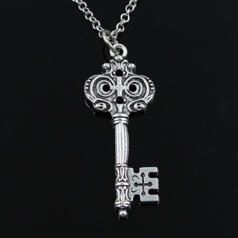 

New Fashion Vintage Skeleton Key Pendants Round Cross Chain Short Long Mens Womens Silver Color Necklace Jewelry Gift 40cm Length
