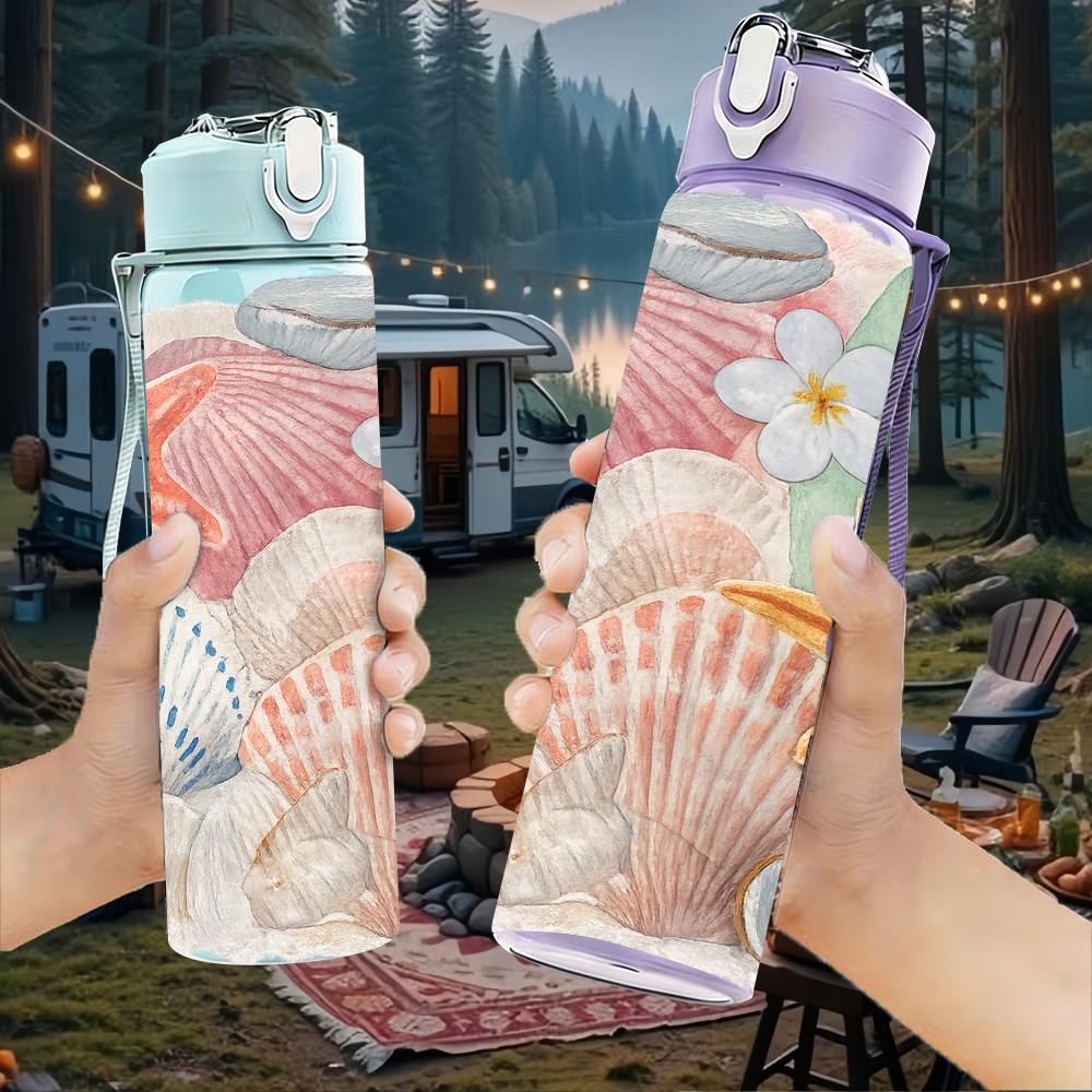 1PC Seashell Starfish Beach Ocean Print 750ml Color Plastic Sports Water Bottle Leakproof Flip Straw Lid Suitable for Sports Office Home Use