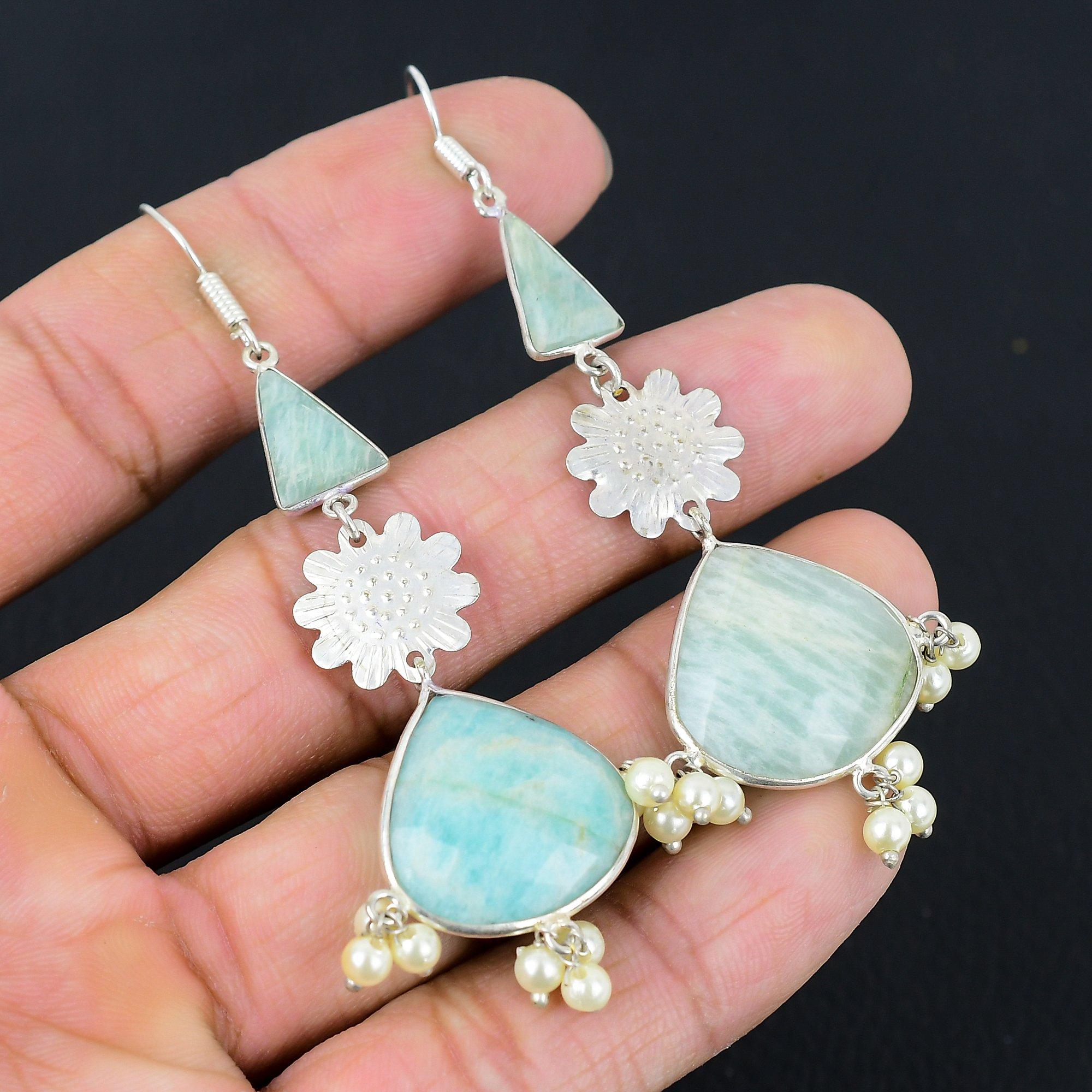 

День сестер Сделка Серебро 925 пробы Амазонит Драгоценный камень Подвеска Жена Новые серьги