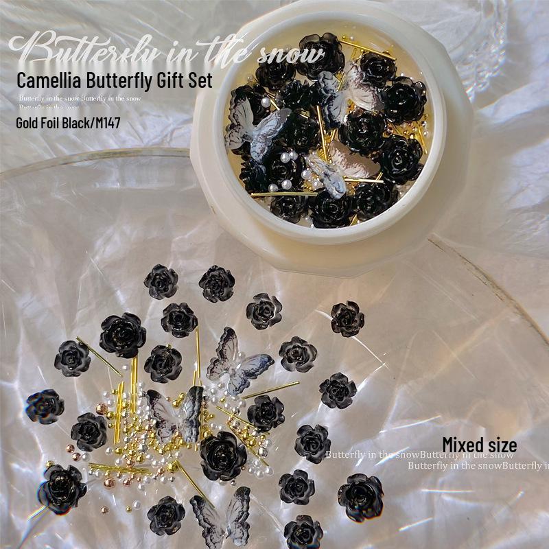 Nail Art Set: 3D Butterfly, Camellia, Pearl, Black & White Accessories