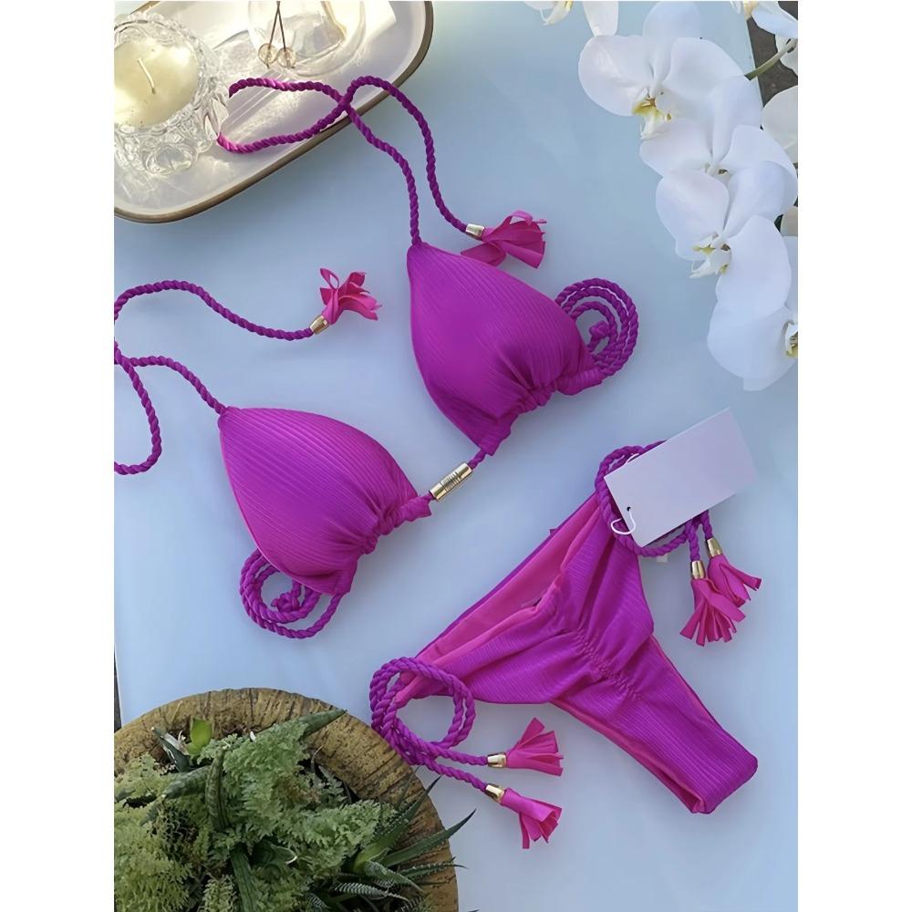

Sexy Braiding rope Bandage Solid Bikini Set Women Swimsuit Pit strip fabric Triangle Swimwear Bathing Suit Brazilian Biquinis S