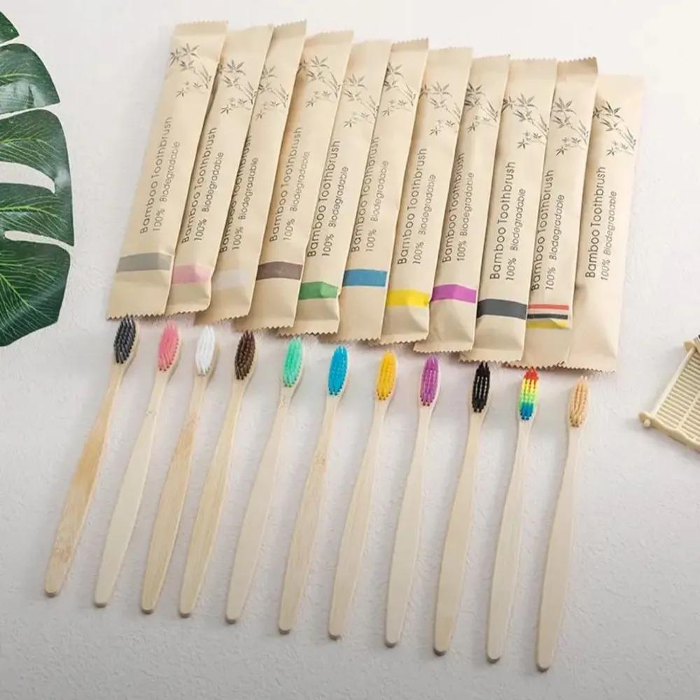 10pcs Soft Bristle Tip Bamboo Toothbrushes Natural Adults Oral Care for Home Travel Hotel