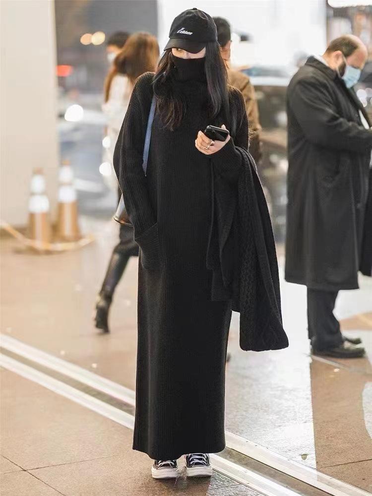 

Осень и зима свободное и ленивое темпераментное платье свитер водолазка нижняя рубашка сверхдлинное утолщенное вязаное длинное платье One size