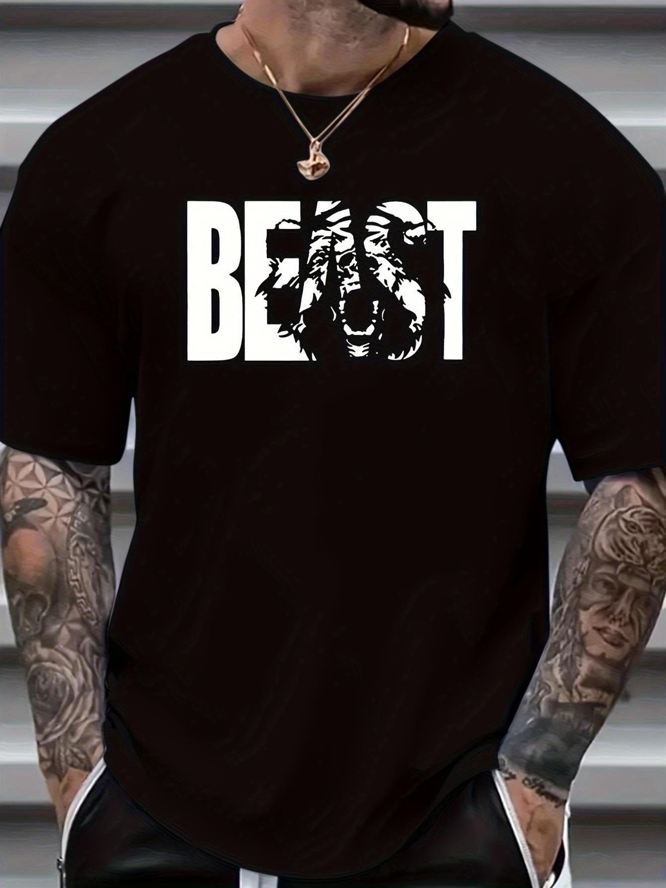 Men S BEAST Graphic Print T-shirt | Short-sleeved Crew Neck XL