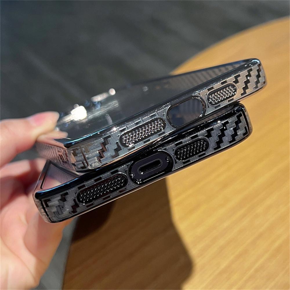 Carbon Fiber Frame Clear Phone Case For iPhone 15 14 13 12 11 Pro Max Plus Camera Lens Protection Shockproof Transparent Cover