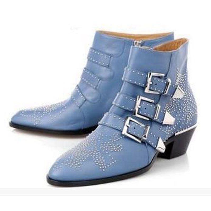Fashion Brand Catwalk Rivet Cow Leather Short Boots Autumn Winter Retro Large35-45 Ankle Boots4cm Thick Heel Rock Night Club Women Shoes